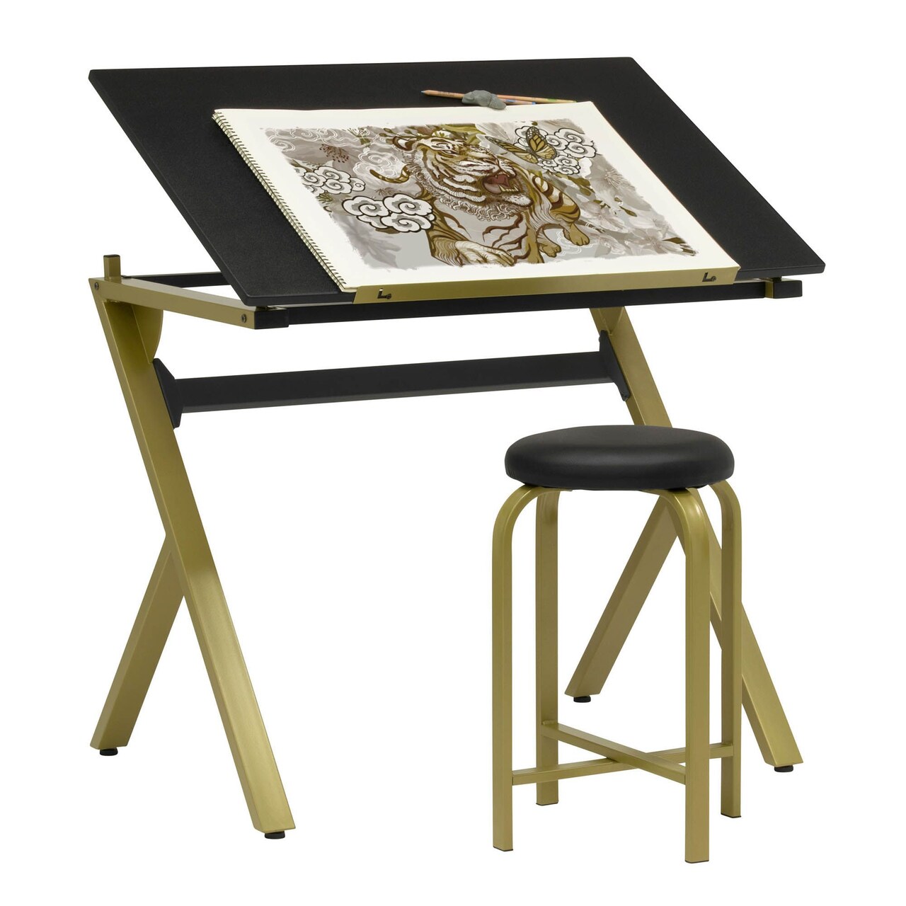 Stellar 36" Wide Craft / Drawing Table with Adjustable Top and Padded Stool Set - Gold, Black